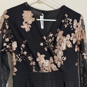JJs House Black Dress with Rose Gold Sequin Floral Design